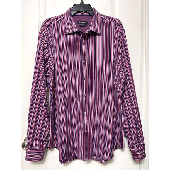 Bugatchi Mens Striped Button-Up Shirt‎ In Shaped Fit Purple/Red XL - Picture 11 of 11